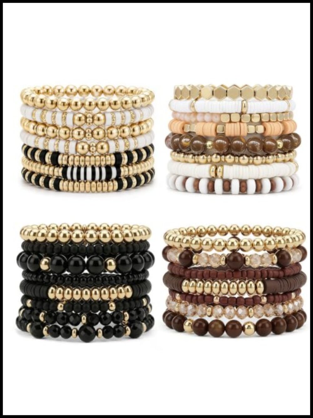 Boho Stackable Beaded Stretch Bracelet Set, Multi Layer Gold Plated Heishi